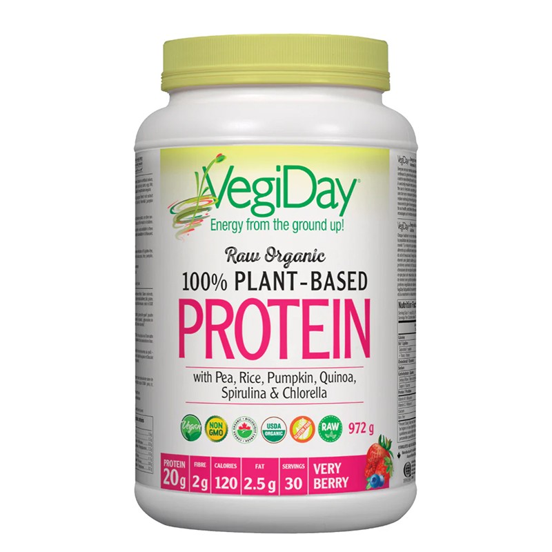 Растителен протеин VegiDay от 100% органичен грах, ориз и семена, 936 g, 30 дози, с вкус на горски плодове