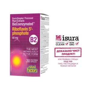 Витамин В2 - Рибофлавин-5-фосфат, биокоензимиран - Сърдечносъдова система, зрение, клетъчна енергия , 50 mg, 30 капсули