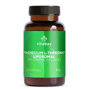 Магнезий L-Треонат, липозомен, 2000 mg + Витамин D3 и K2 – Здрави кости, зъби и мускули, 120 софтгел капсули